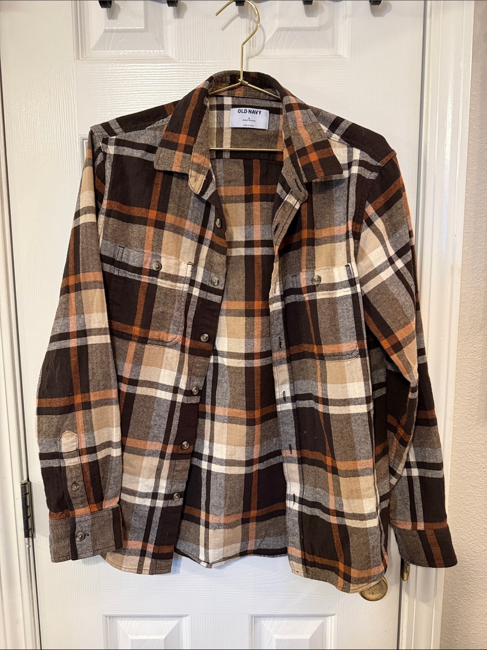 Old Navy Brown, Cream & Orange Plaid Flannel Shirt